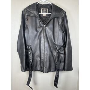 Vintage Maurice’s Women’s Leather‎ Jacket Size Large Black Hooded Waist Belt Y2K